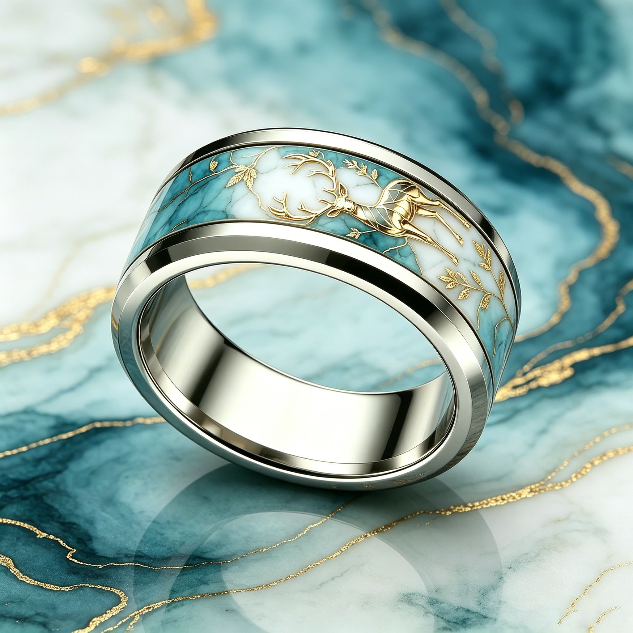 Women's Light Luxury Gilded Reindeer Marble-Veined Stainless Steel Ring